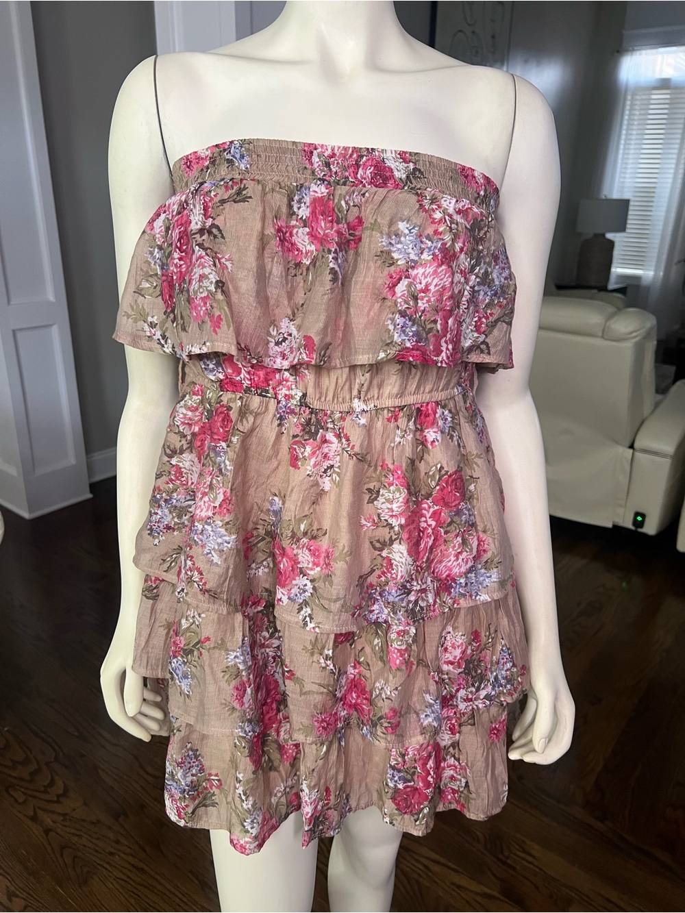 Body Central Strapless Ruffled Floral Mini Dress in Taupe and Pink - Picture 2 of 7